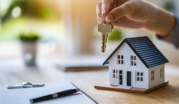 Hand holds house key above miniature model home on desk, symbolizing property ownership, real estate investment, or home buying process for first-time buyers.
